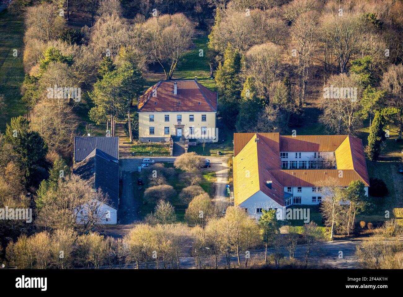 Luftaufnahme, Journalistenzentrum Haus Busch 2019 geschlossen, Biologische Station Hagen - Umweltzentrum Hagen, NABU Hagen, Boele, Hagen, Ruhrgebiet, Norden Stockfoto