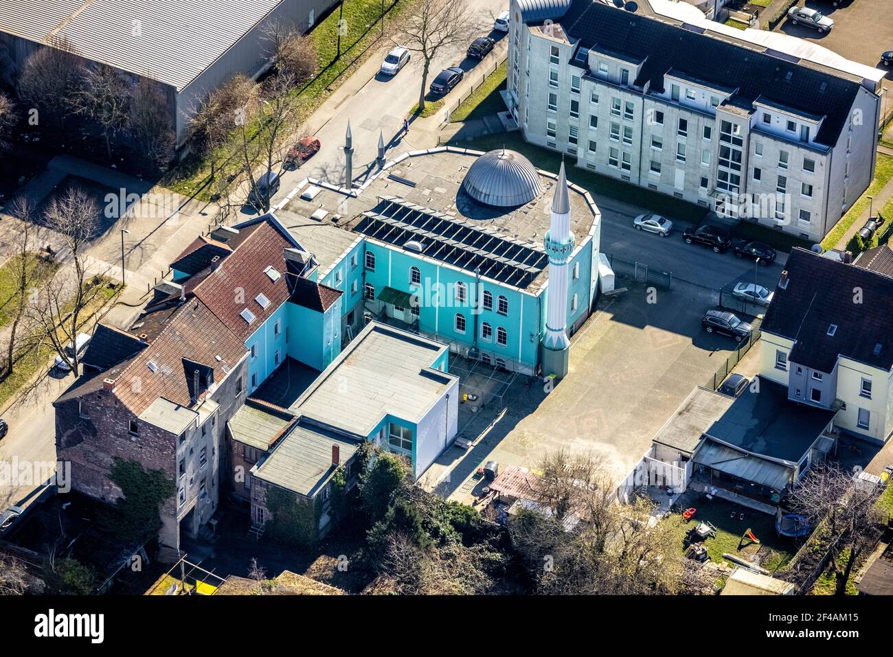Luftaufnahme, Tuğra Kulturzentrum, Moschee, Gelsenkirchen-Bulmke-Hüllen, Gelsenkirchen, Ruhrgebiet, Nordrhein-Westfalen, Deutschland, Kultstätte, Stockfoto