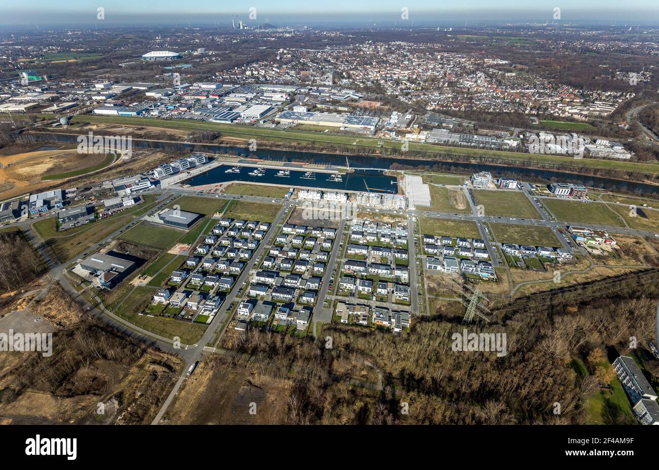 Luftaufnahme, Baustelle Neubau Hafenviertel Graf Bismarck, Marina Stölting Marina, Bismarck, Gelsenkirchen, Ruhrgebiet, Nort Stockfoto