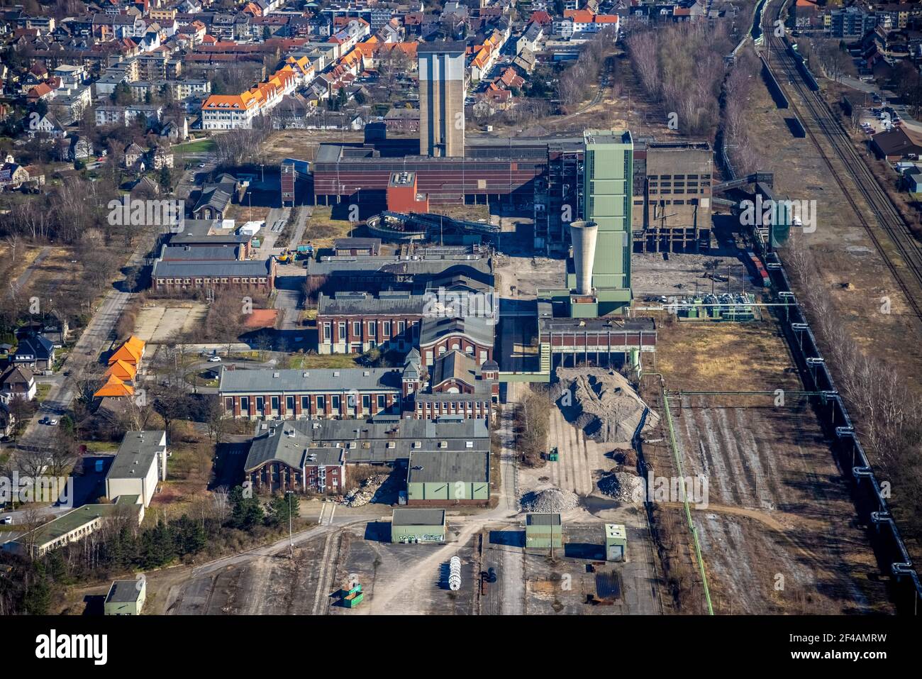 Luftaufnahme, ehemalige DSK Lippe Mine, Egonstraße, Westerholt Kolonie, Stadtgrenzen Gelsenkichen, Hassel, Gelsenkirchen, Ruhrgebiet, Nordrhein-Westph Stockfoto