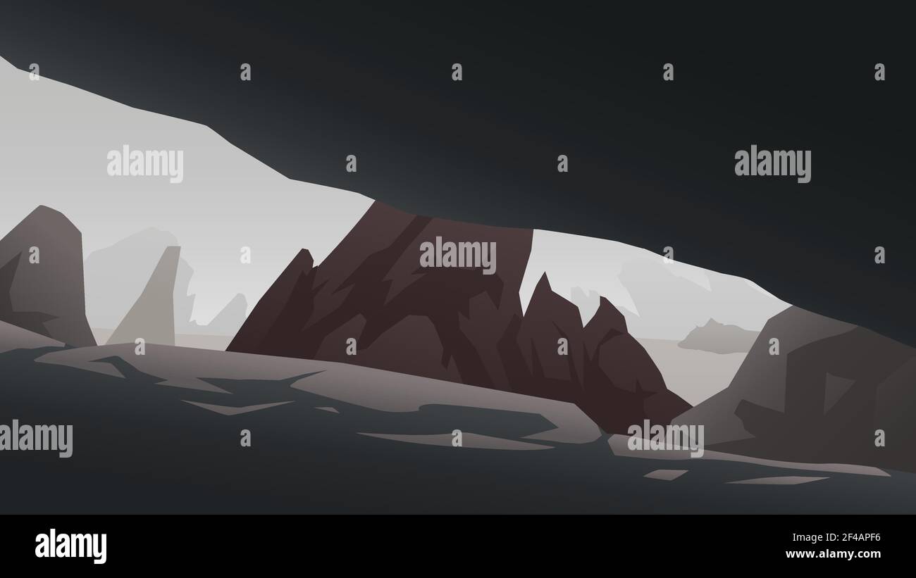 Illustration von felsigen scharfen Vulkanbergen in Nebellandschaft Stock Vektor