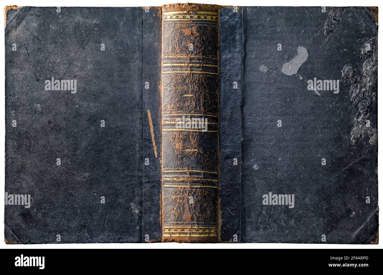Alte offene Bucheinband mit abgenutzten strukturierten grungy Pappbrettern und Wachs Tropfen, geknackt geprägte braune Lederrücken und abstrakt goldenen geometrischen Dekoratio Stockfoto