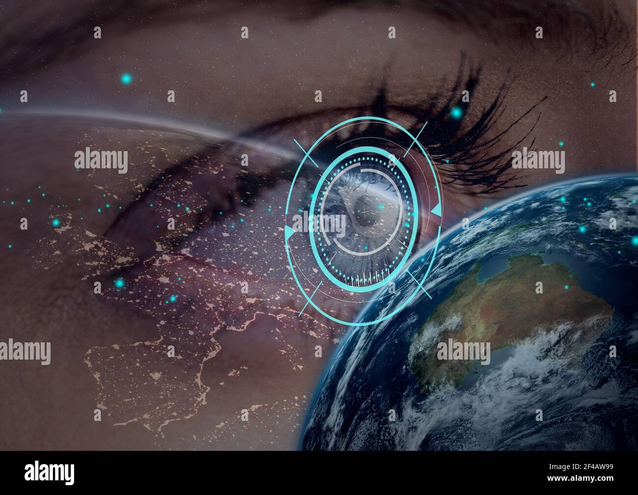 Digitales Composite-Bild von Rundscanner und Globus gegen den Nagel Oben des weiblichen menschlichen Auges Stockfoto