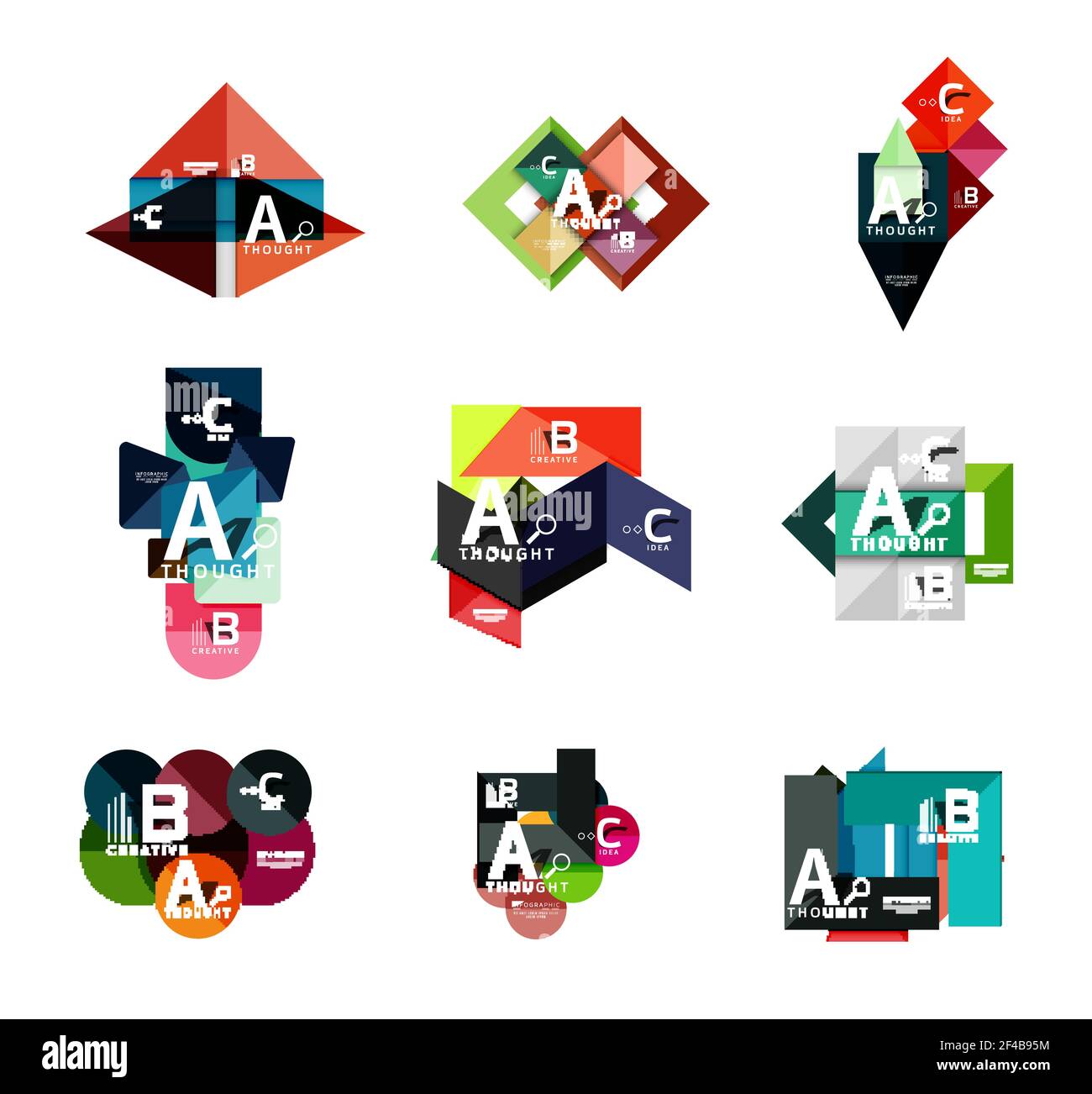 Set von geometrischen Infografik Banner, Papier info a b c Option Diagramme mit Farbformen erstellt. Set von geometrischen Infografik Banner, Papier info a b c Option Diagramme mit Farbformen erstellt. Vektorgrafik Stock Vektor