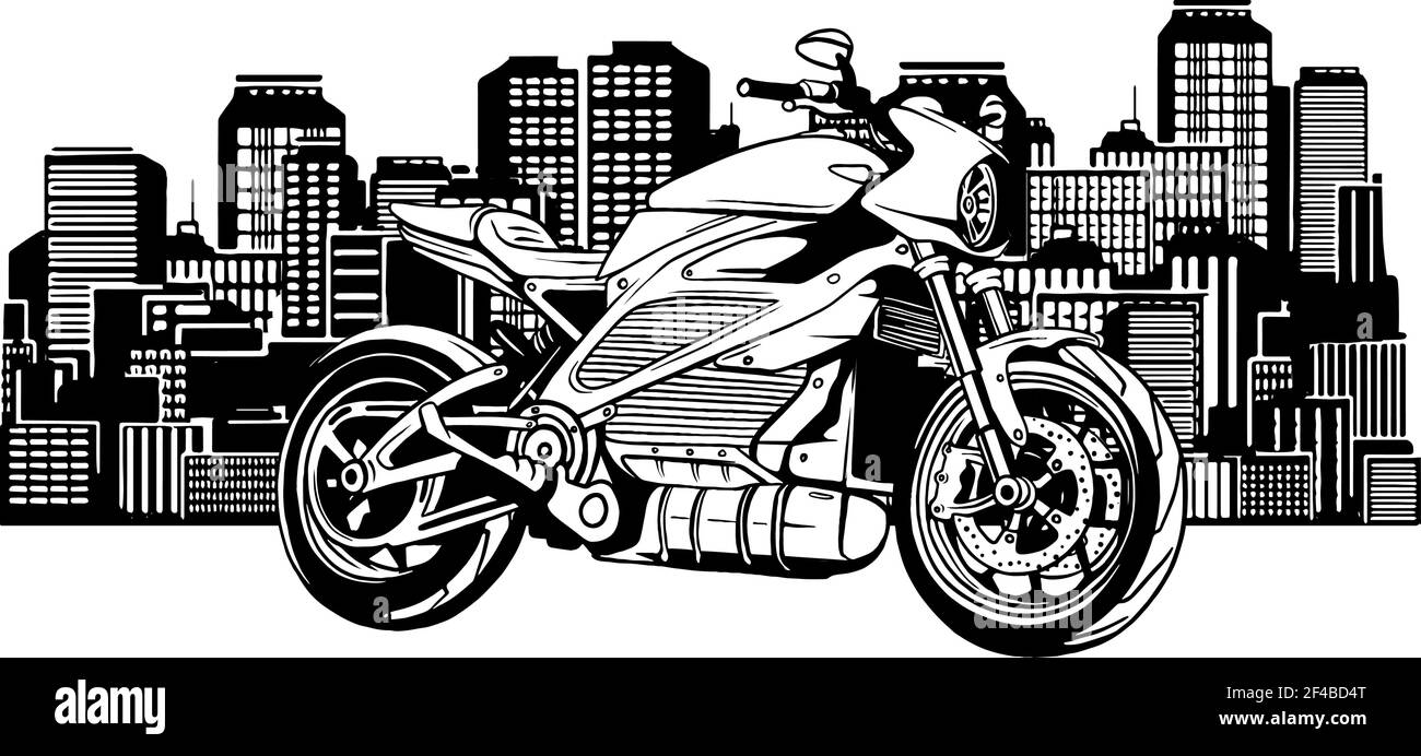 Zeichnen Sie in schwarz-weiß der Stadtlandschaft mit schnell Motorrad Vektorgrafik Stock Vektor