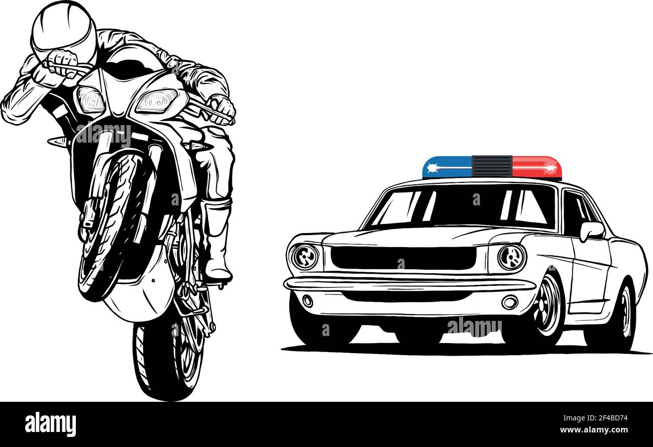 Zeichnen Sie in schwarz und weiß der Polizei Auto verfolgt einen Verbrecher  auf einem Motorrad Stock-Vektorgrafik - Alamy