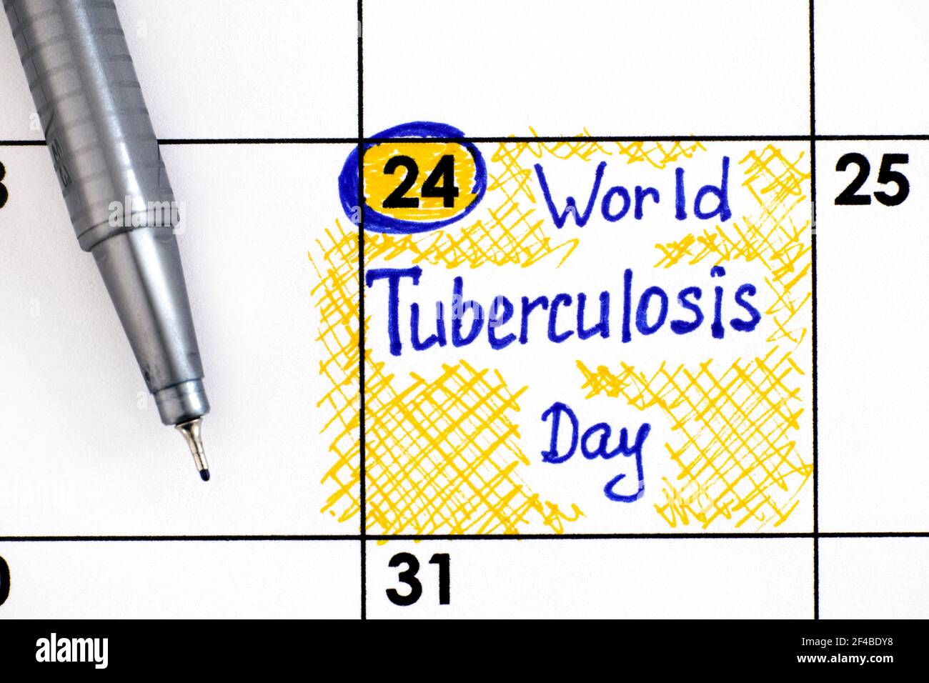 Erinnerung Welttuberkulosetag im Kalender mit Stift. März 24 Stockfoto
