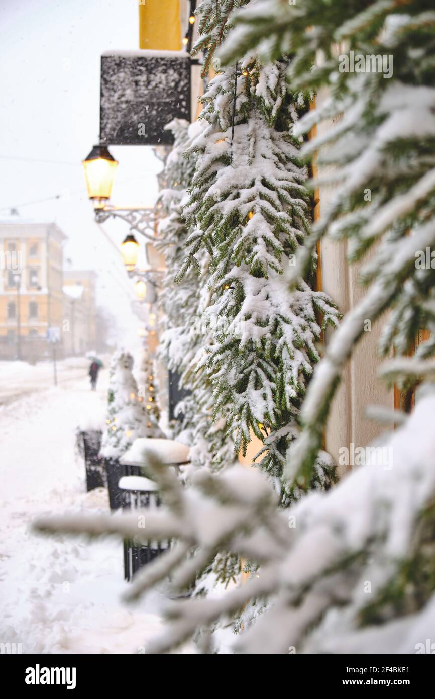 Aleksanterinkatu Straße während des starken Schneesturms. Fenster mit schneebedeckten Fichtenzweigen. Die schöne weihnachtliche Atmosphäre in Helsin Stockfoto