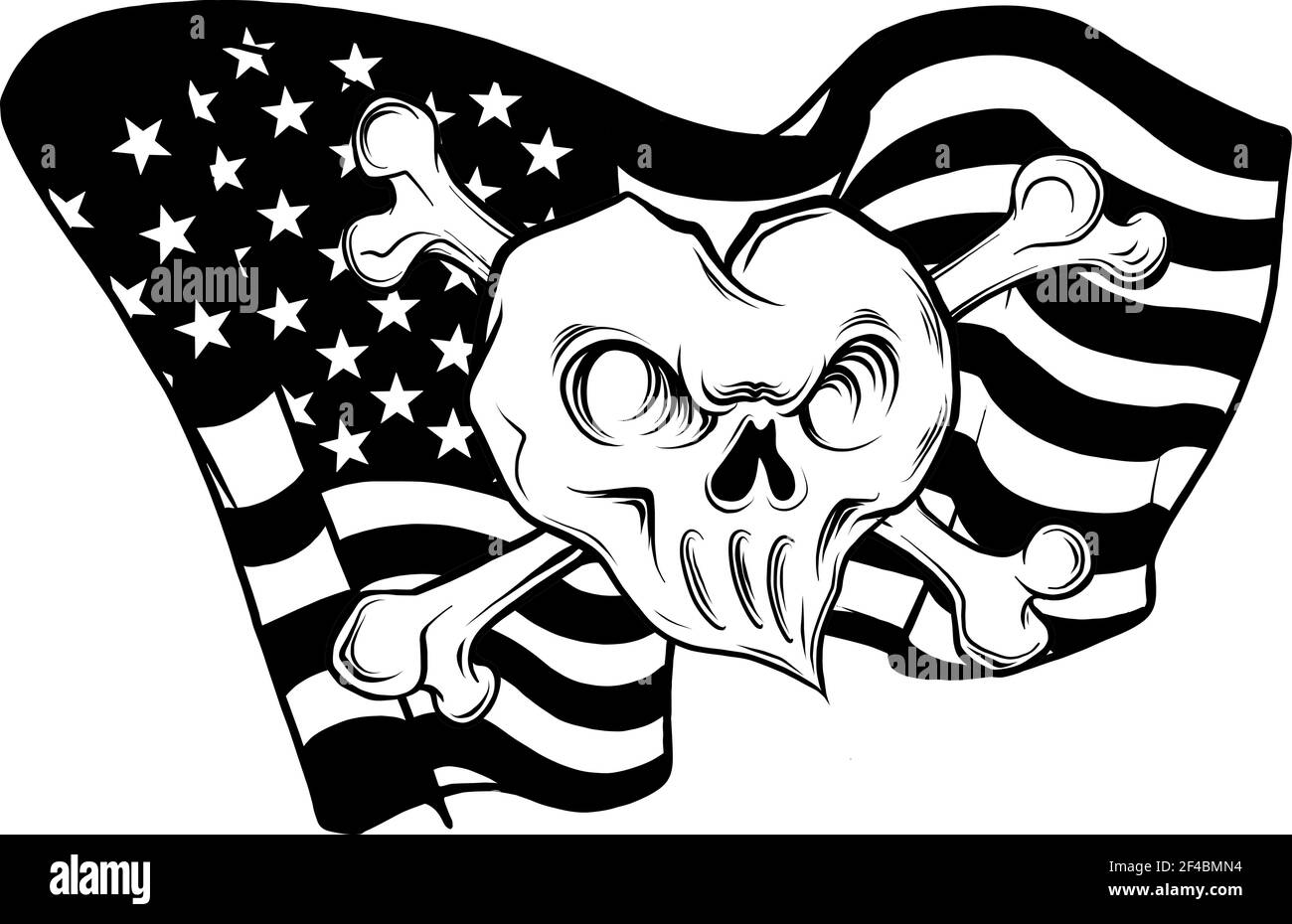 Zeichnen Sie in schwarz und weiß aus Gold Skull und Flagge usa. Vektorgrafik. Stock Vektor