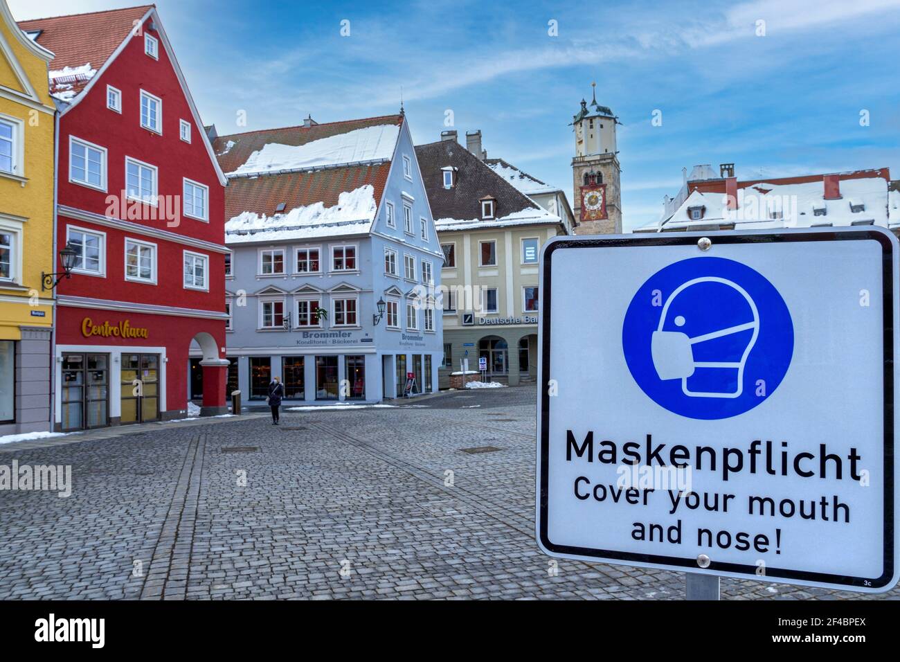 Schild, Maskenpflicht, Memmingen, Allgau, Schwaben, Deutschland, Europa Stockfoto