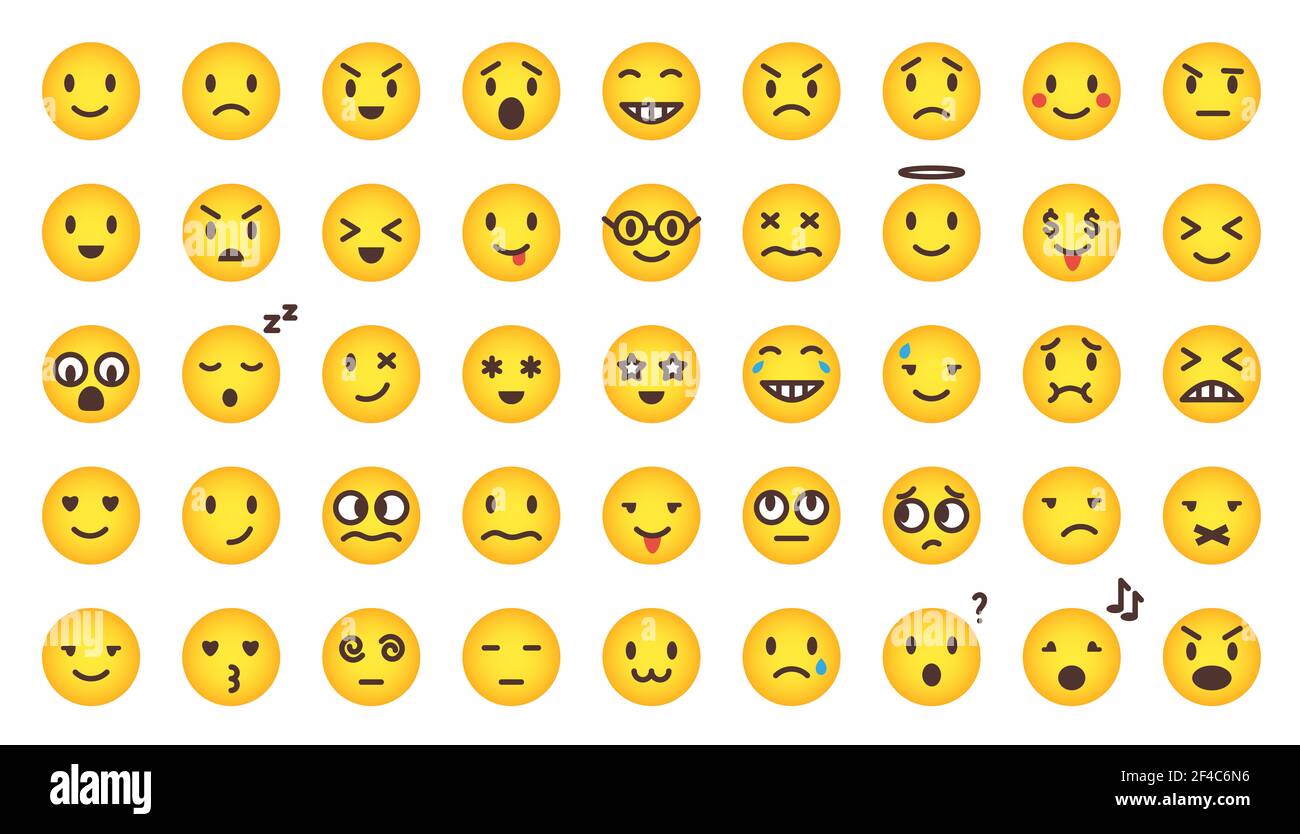 Cartoon Gradienten niedlichen Emoji-Set. Vector flat Comic gelb emoticon Charakter-Sammlung auf weiß isoliert. Stimmung und Gesichtslächeln. Lustig, wütend, glücklich Stockfoto