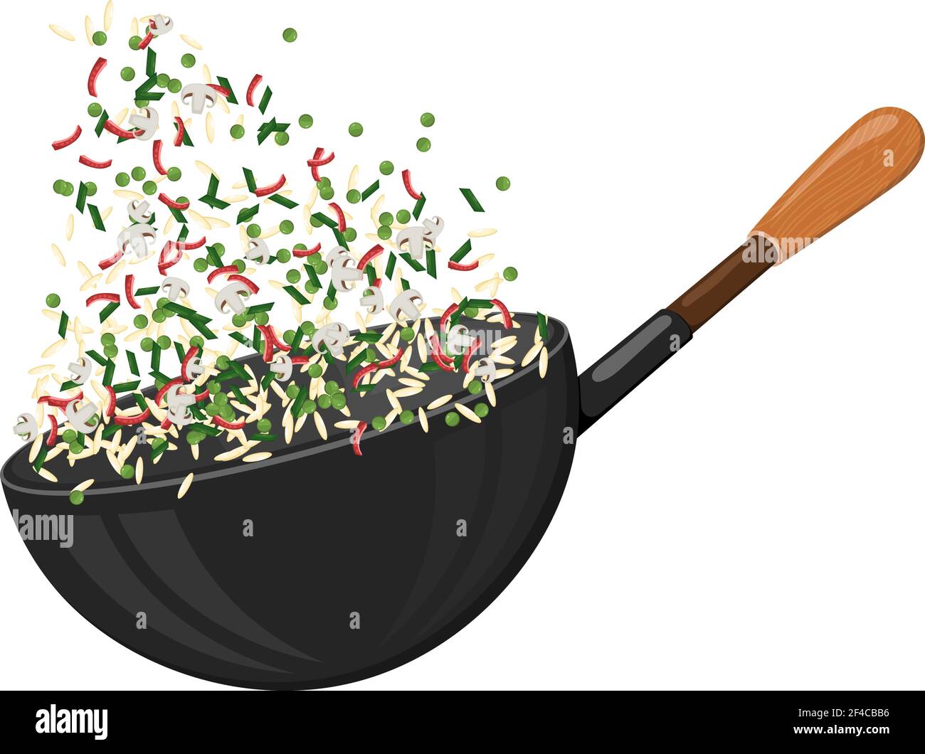 Große gusseiserne Pfanne mit Reis und Gemüse. Kulinarisches Schild. Symbol „Essen“. Vektorgrafik für Aktien Stock Vektor