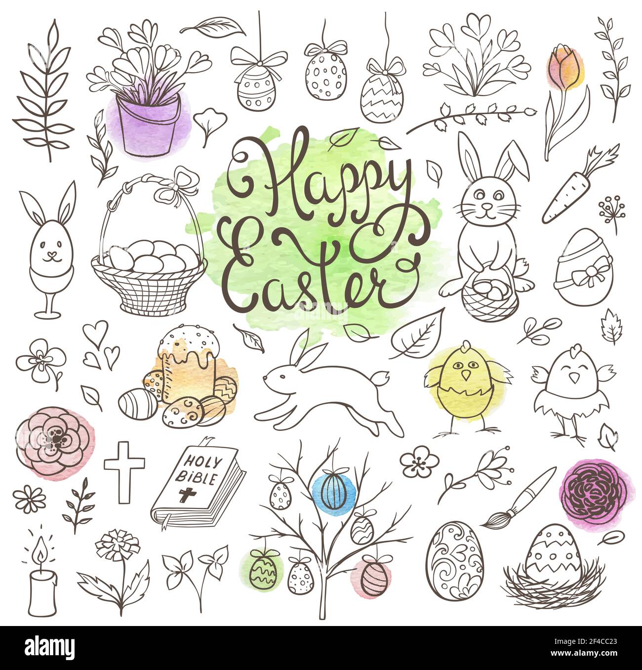 Set von dekorativen handgezeichneten Ostern Doodle Elemente für Design. Vektor-Kit mit Aquarell-Textur. Stock Vektor