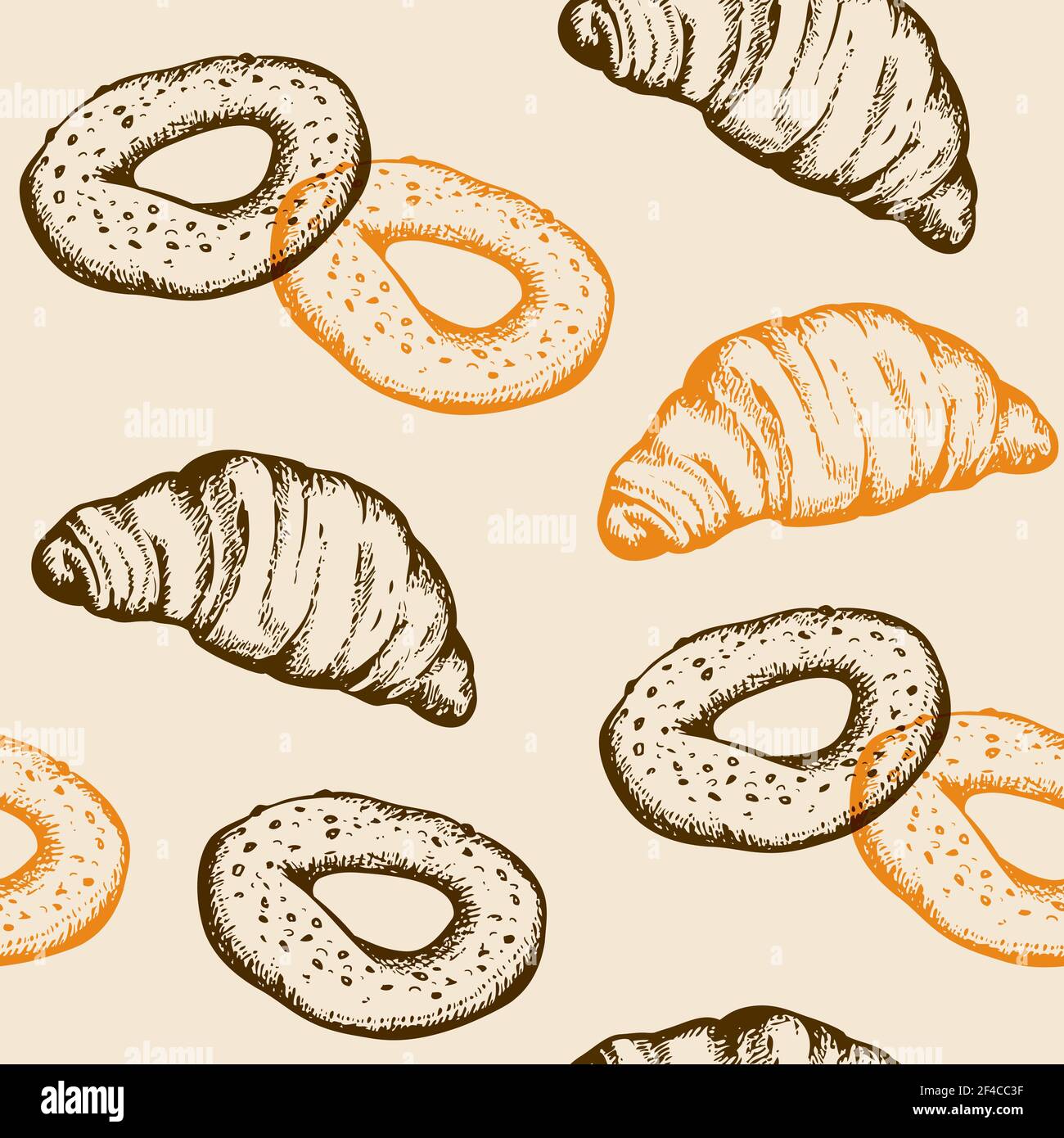 Hand nahtlose Muster mit frischen Bäckerei Produkte im Vintage Stil gezeichnet. Vector Hintergrund mit Croissant und Bagel Stock Vektor
