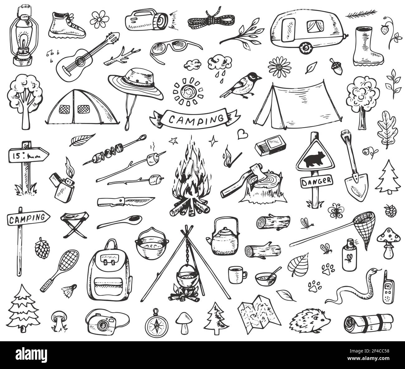 Set von Doodle Wald Camping Design-Elemente. Handgezeichnete Vektorgrafiken isoliert auf weißem Hintergrund. Set von Wald camping Ikonen Stock Vektor