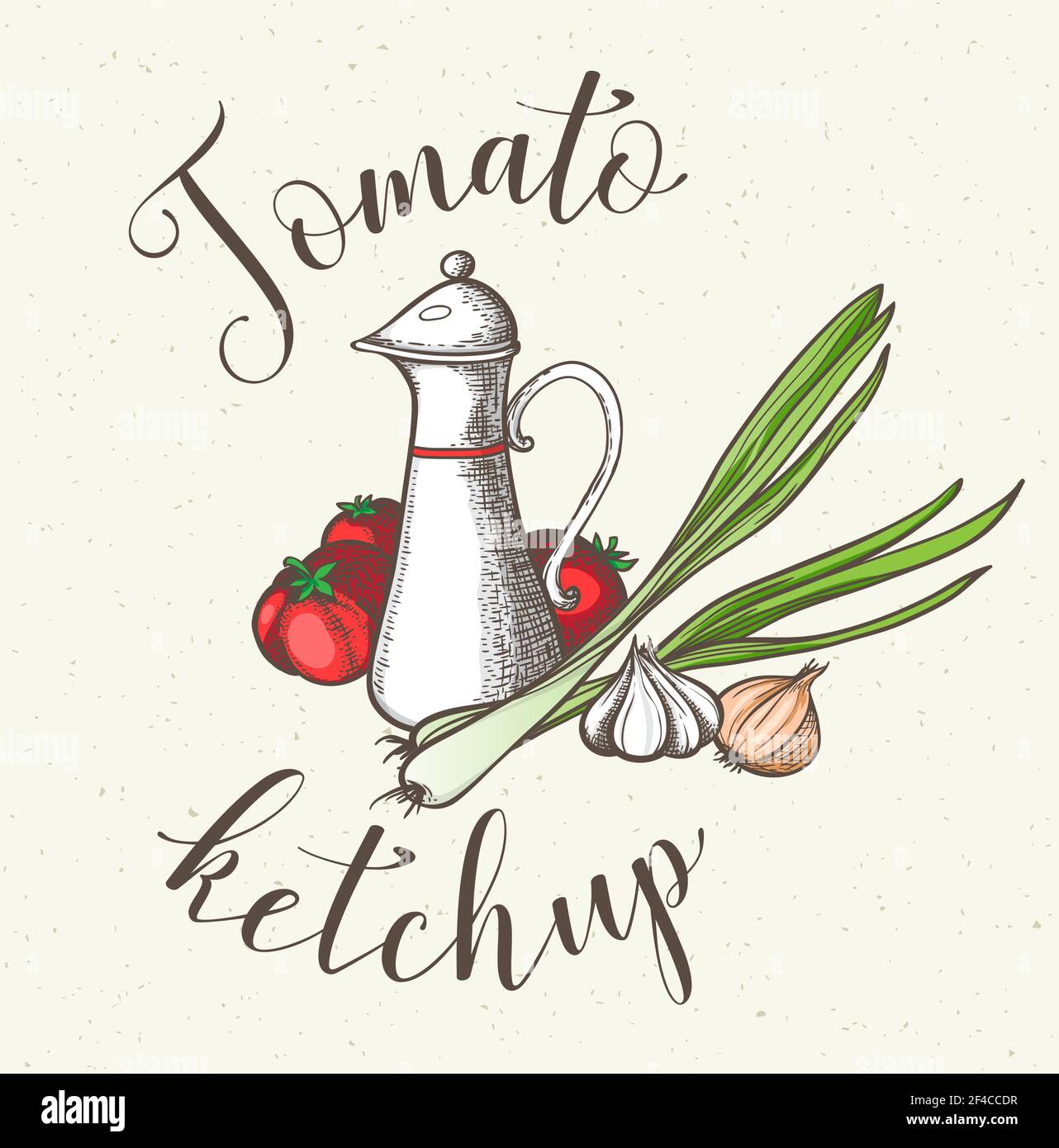 Vintage Hintergrund mit einer Kanne aus Ketchup und frischem Gemüse. Hand Vector Illustration gezeichnet. Stock Vektor