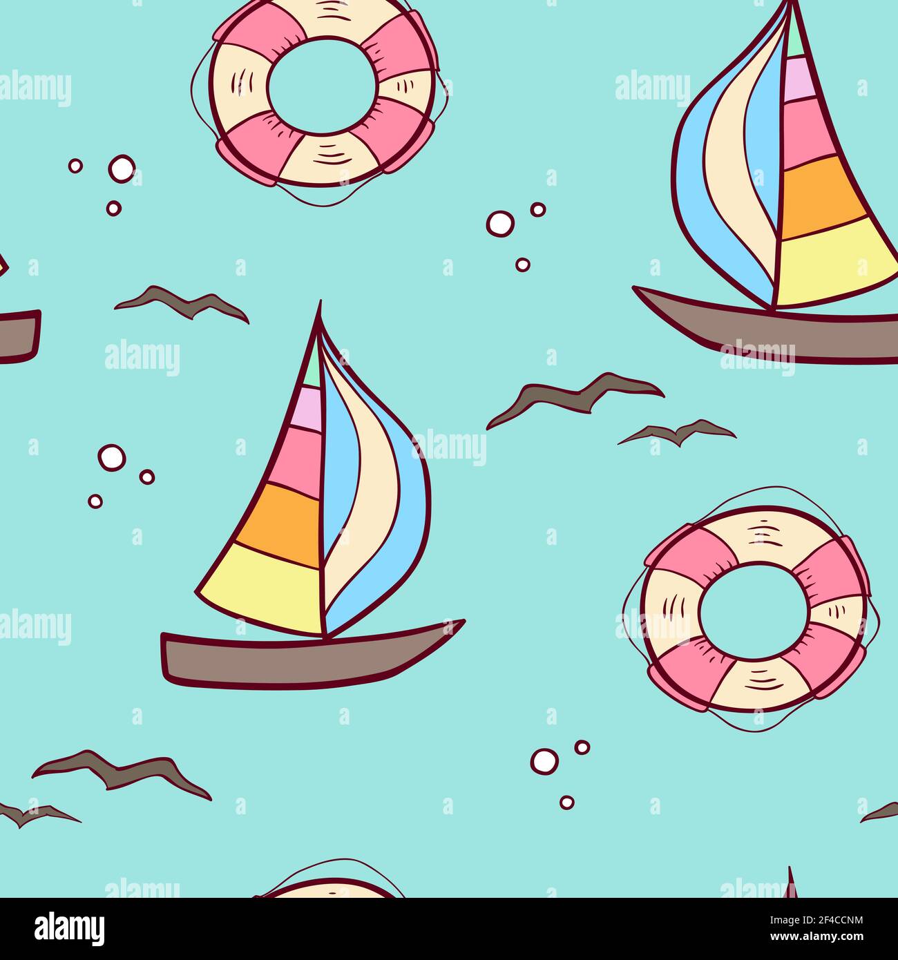 Doodle nahtloses Muster mit Segelschiff und Rettungsboje auf grünem Hintergrund. Vektorgrafik... Muster mit Segelschiff und Rettungsboje Stock Vektor