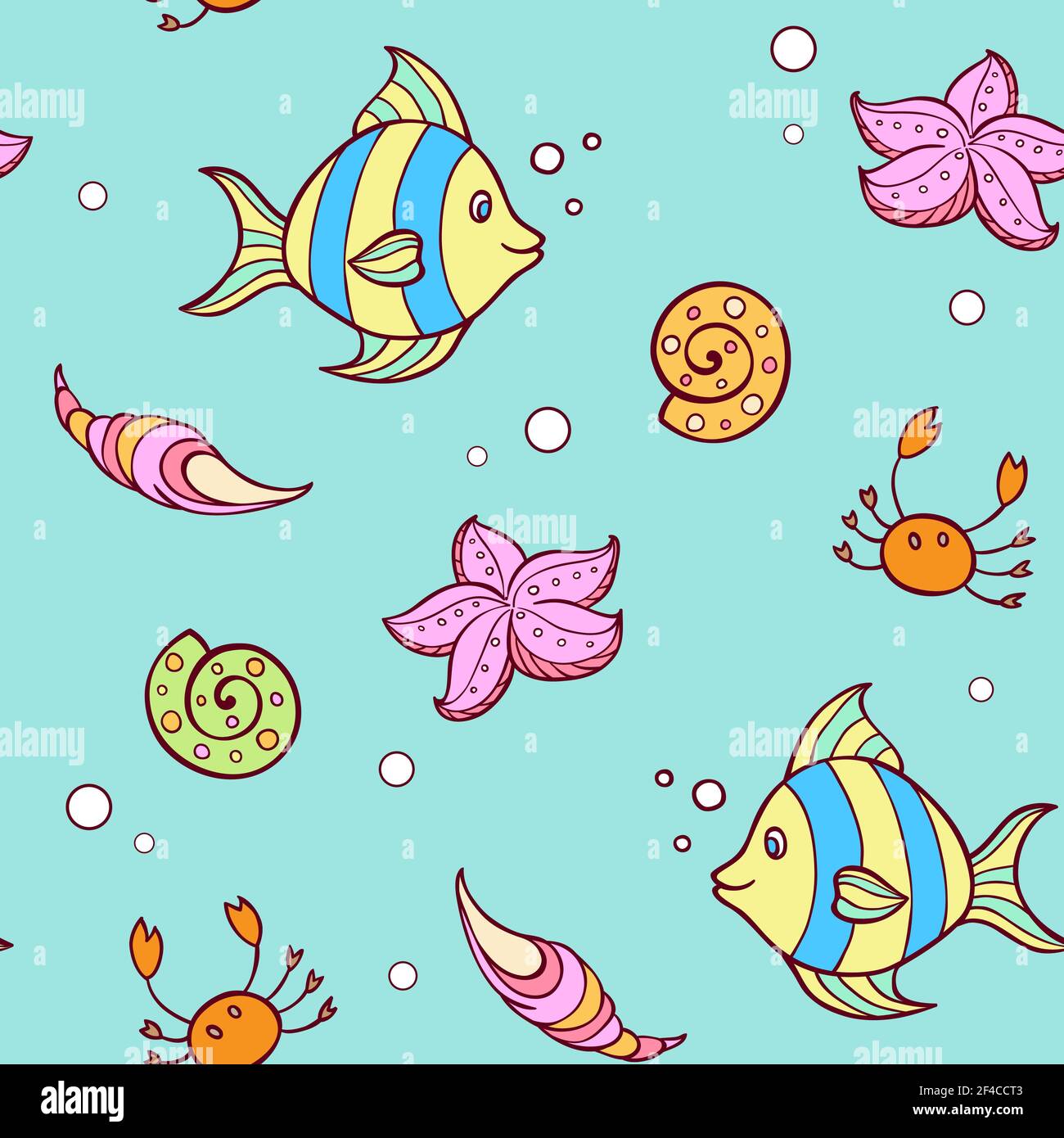 Doodle Sommer marine nahtlose Muster mit Fisch und Muscheln. Vektorgrafik... Doodle marine Muster mit Fisch Stock Vektor