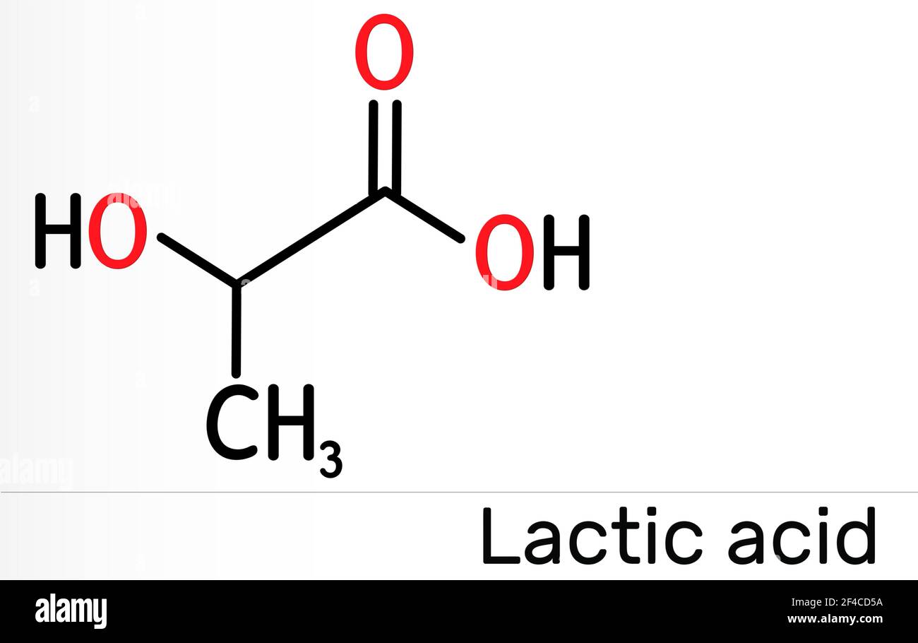 Milchsäure, Laktat, Milchzucker, C3H6O3-Molekül. Es ist Lebensmittelzusatzstoff E270 und Alpha-Hydroxy-Säure AHA. Chemische Formel des Skeletts. Abbildung Stockfoto