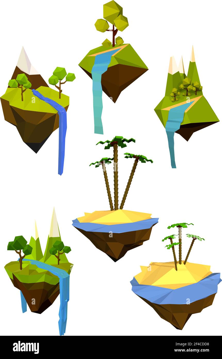 Vektor-Set von farbigen fliegenden Inseln mit Bäumen, Bergen und Wasserfällen. Abstraktes Symbol der Natur. Symbol „Ökologie“. Vektorgrafik für Aktien Stock Vektor