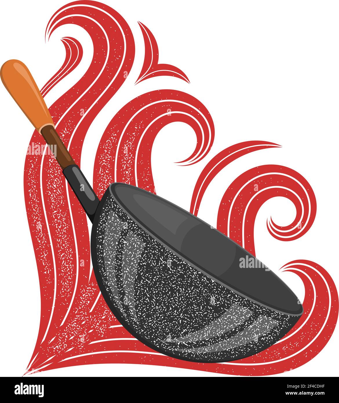 Große schwarze Pfanne mit stilisierten roten Flammen. Vektorgrafik für Aktien Stock Vektor