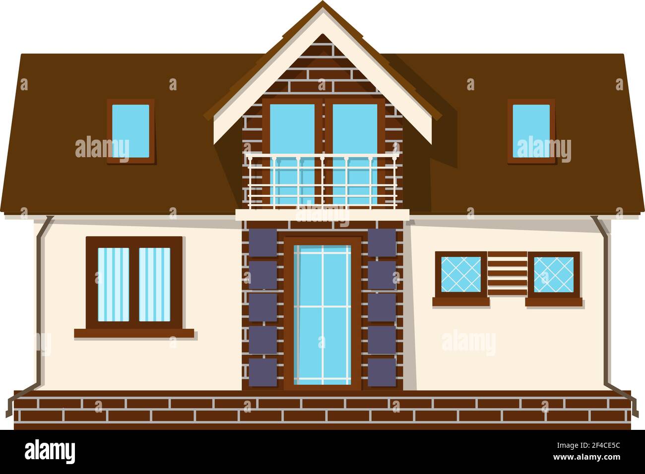 Schönes kleines Haus mit Dachboden, Balkon. Gebäude mit Dachboden. Gemütliches Landhaus mit einem Zwischengeschoss. Vektorgrafik für Aktien Stock Vektor