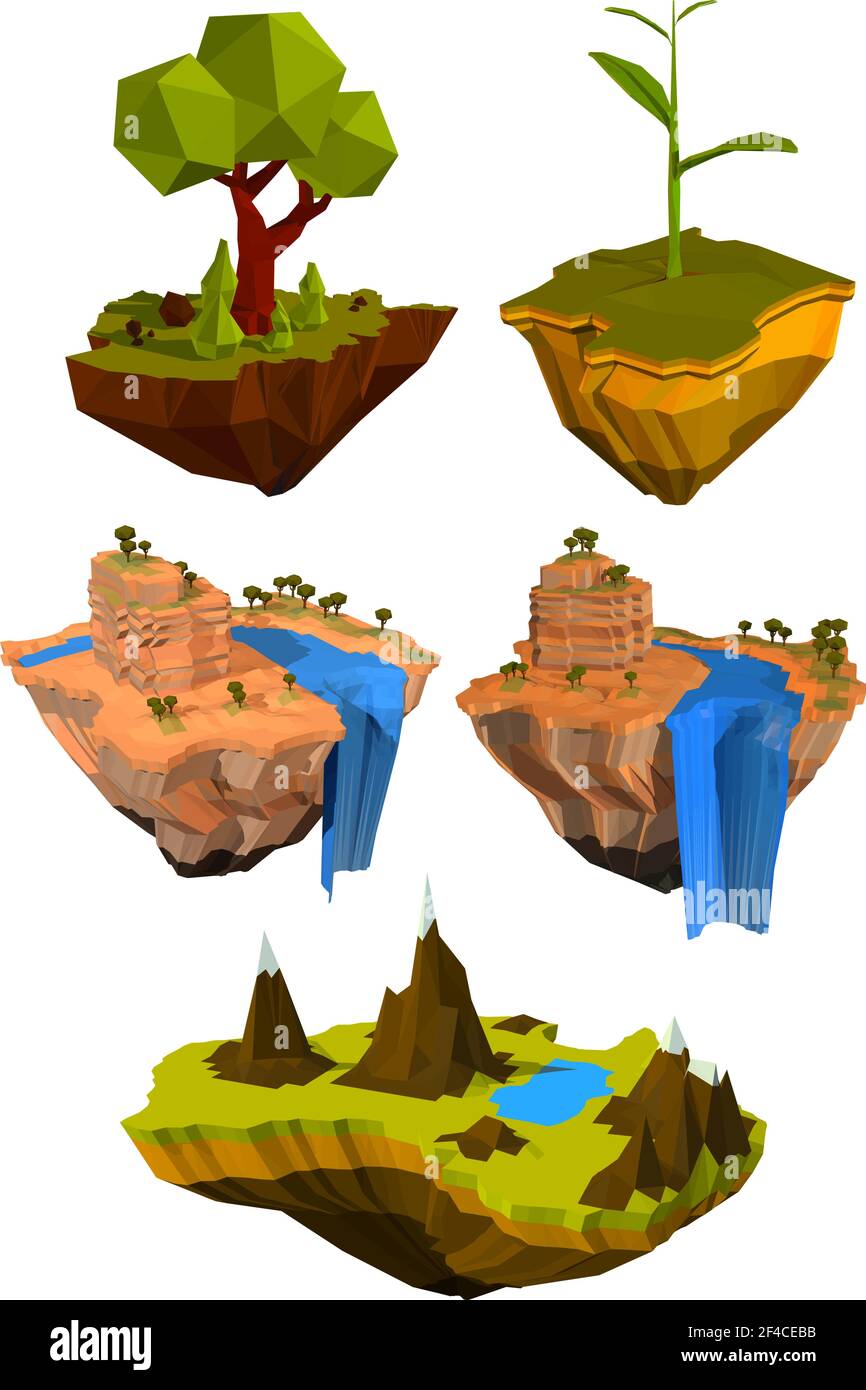 Vektor-Set von farbigen fliegenden Inseln mit Bäumen, Bergen und Wasserfällen. Abstraktes Symbol der Natur. Symbol „Ökologie“. Vektorgrafik für Aktien Stock Vektor