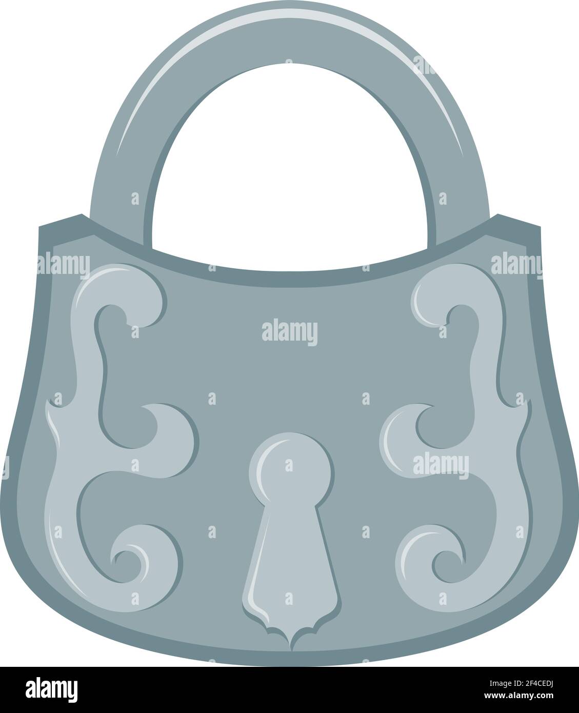 Vektor-Illustration des abstrakten Vintage Metall Vorhängeschloss auf weißem Hintergrund. Retro-Schloss mit einem dekorativen Ornament im Cartoon-Stil. Vintage-Objekt - Vorhängeschloss, Design-Element Stock Vektor