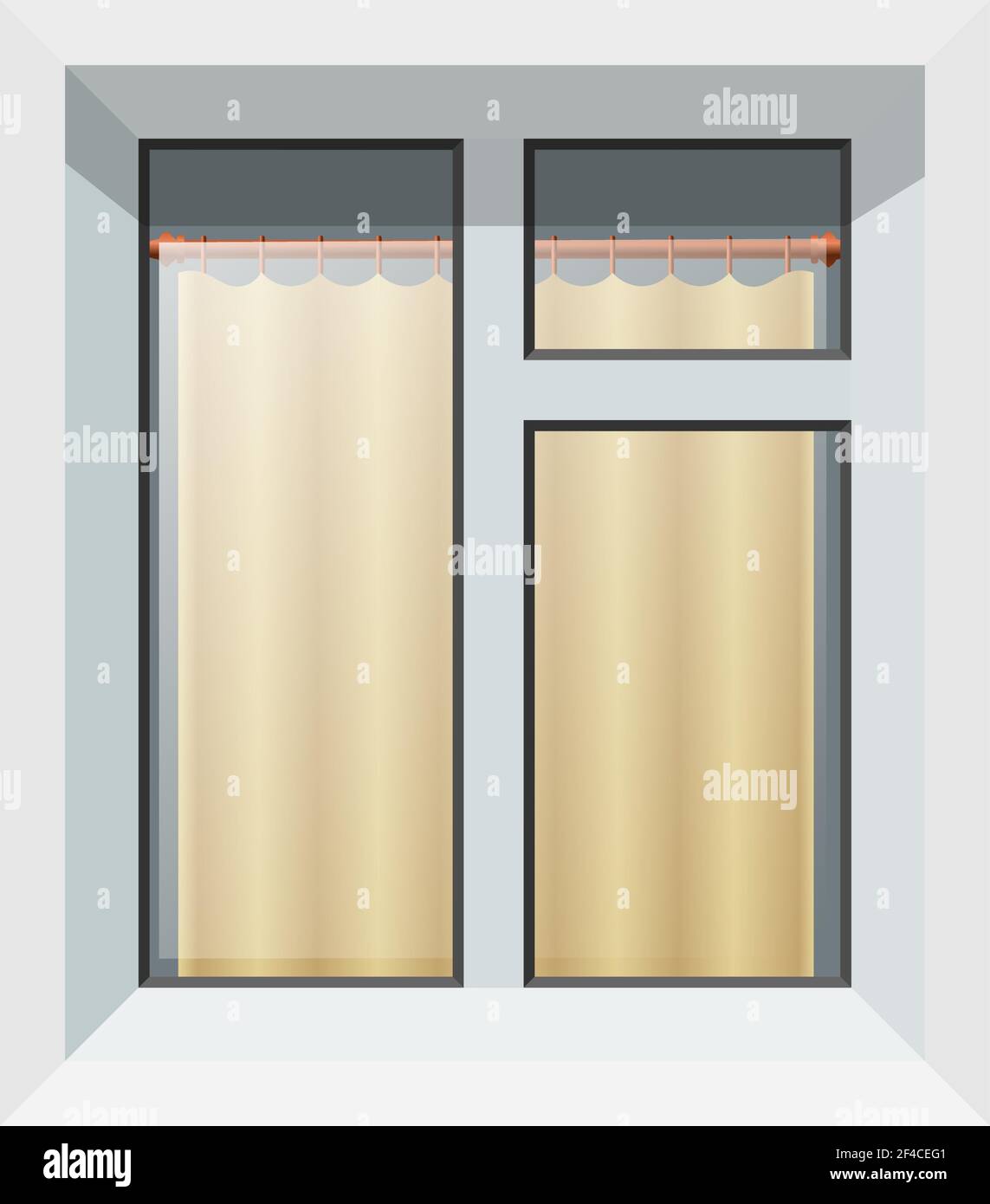Vektor-Illustration von abstrakten modernen Kunststoff-Fenster mit gelben Vorhang. Realistisches Bild eines isolierten Felds auf weißem Hintergrund. Stock Vektor