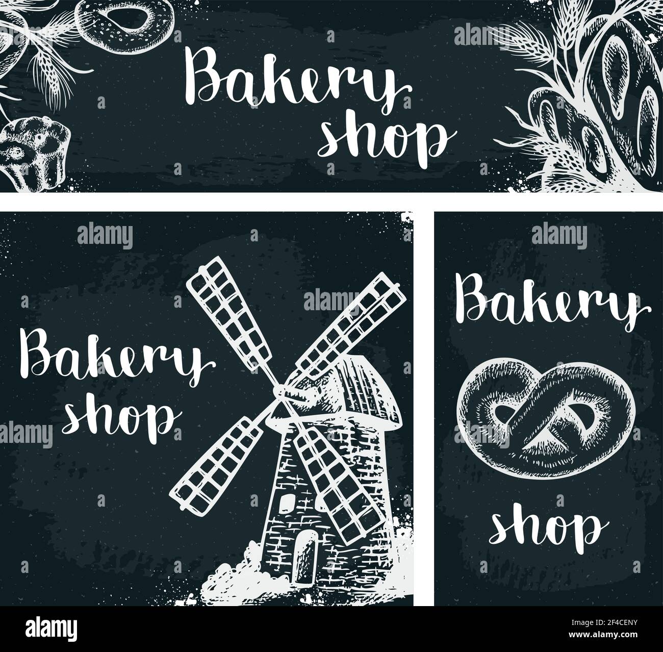 Satz von Vintage Hand gezeichnet Vektor Banner mit Backwaren auf dem Schwarzen Brett. Vintage Hintergründe mit Essen. Stock Vektor