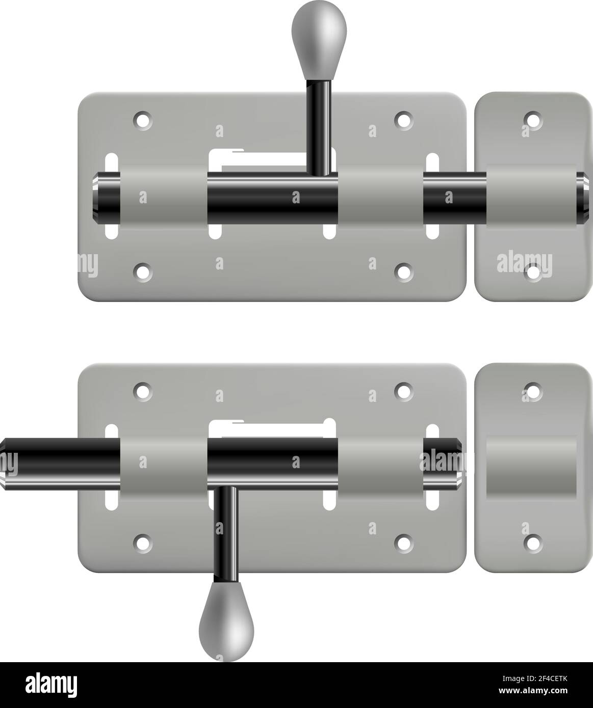 Vektordarstellung eines offenen und geschlossenen Metallriegel auf weißem Hintergrund. Isoliertes Objekt. Realistische Vektorverriegelung Stock Vektor