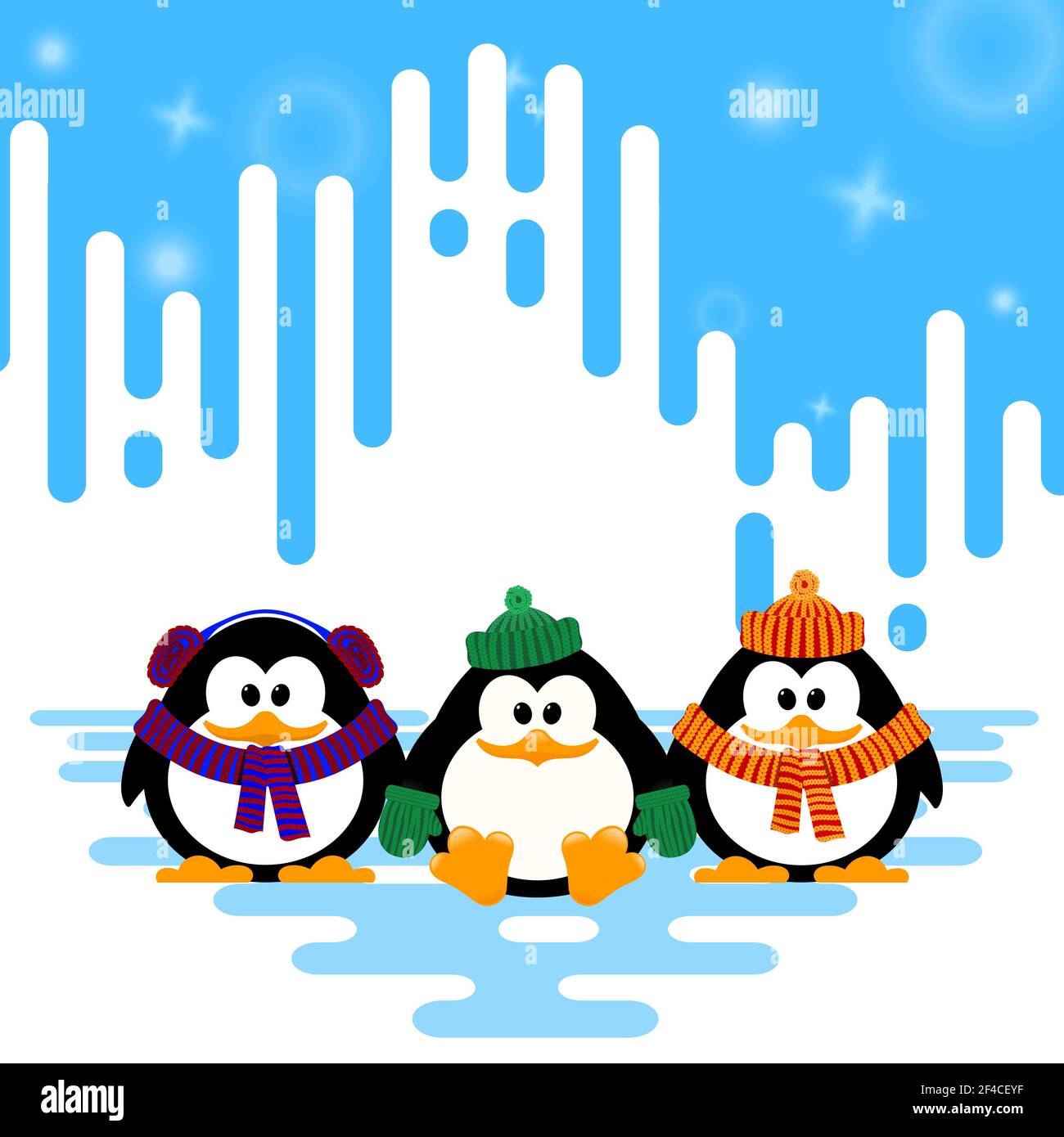 Vektor-Illustration eines Sets niedlichen kleinen Pinguin in einem gestrickten Hut auf Winter abstrakt gestreiften Hintergrund. Stock Vektor