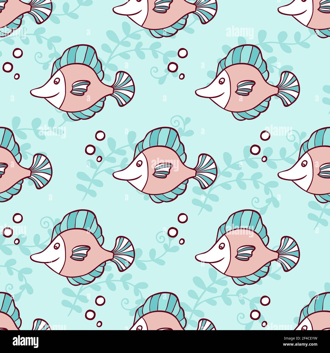 Marine nahtlose Muster mit Flunder auf einem grünen Hintergrund. Handgezeichnete Vektorgrafik. Marine nahtlose Muster mit Flunder Stock Vektor