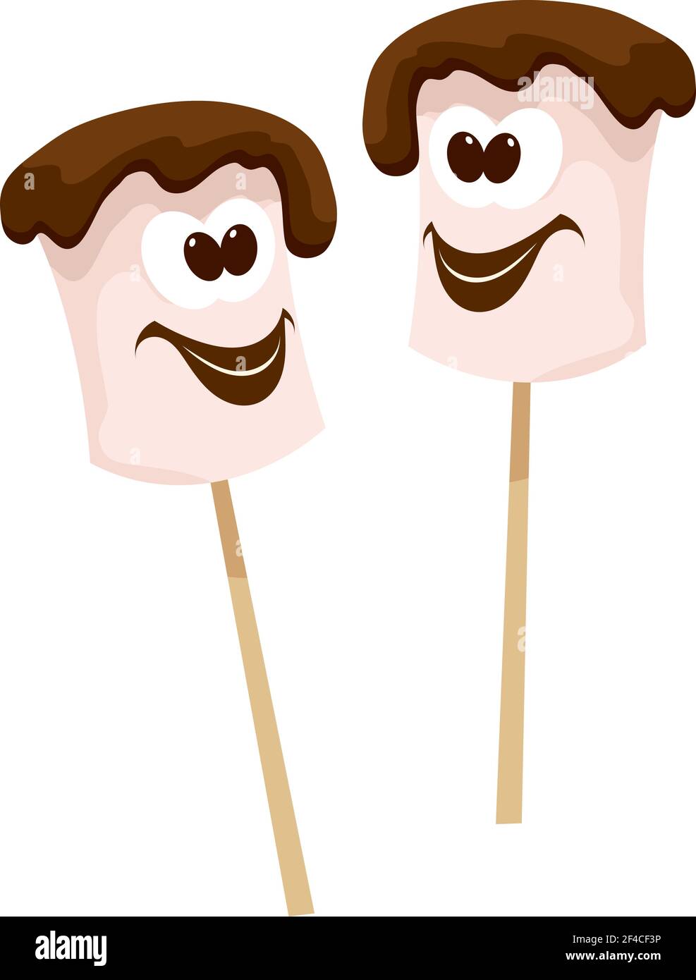 Zwei Stöcke mit Marshmallows mit Schokolade im Cartoon-Stil auf weißem Hintergrund. Vektorgrafik. Essen, Spaß Camping. Essen im Sommercamp Stock Vektor