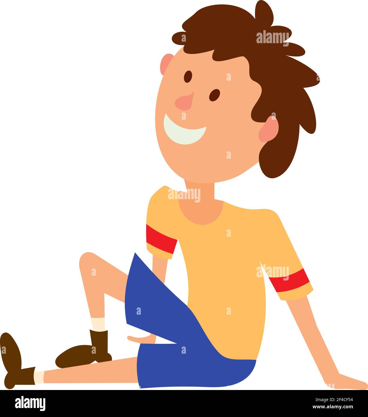 Vektor-Illustration eines Jungen in einem gelben T-Shirt und Shorts sitzen auf dem Boden. Farbige Figur Kind in einer Ruheposition Stock Vektor