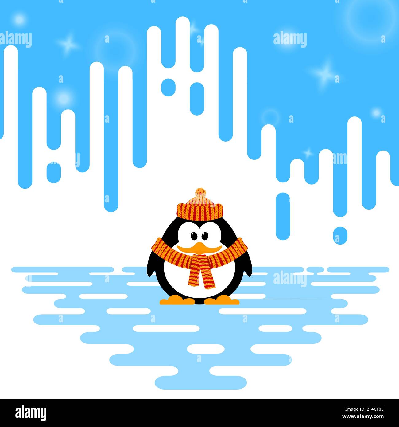 Vektor-Illustration eines niedlichen kleinen Pinguin in einem gestrickten hut und Fäustlinge auf Winter abstrakt gestreiften Hintergrund Stock Vektor