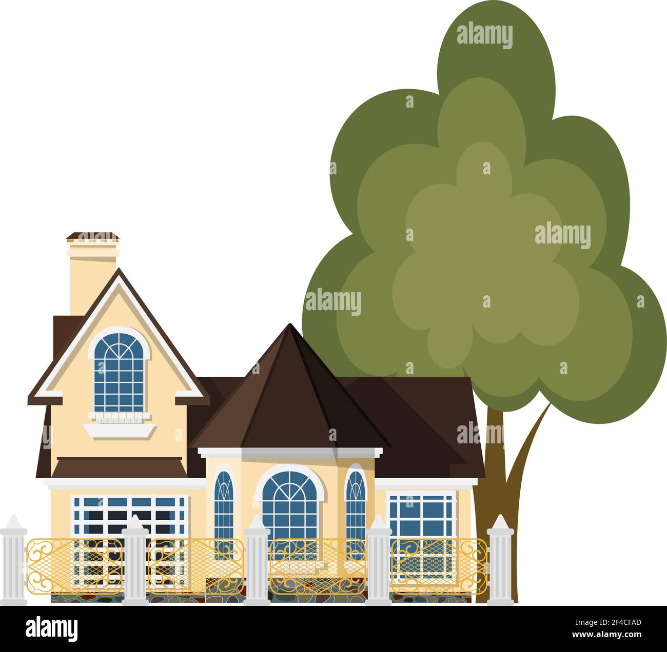 Niedliches kleines Haus. Cartoon Haus mit einem schönen Zaun und grünen Baum auf weißem Hintergrund. Illustration des gemütlichen ländlichen Hauses, isolieren. Stock-Vektor Stock Vektor