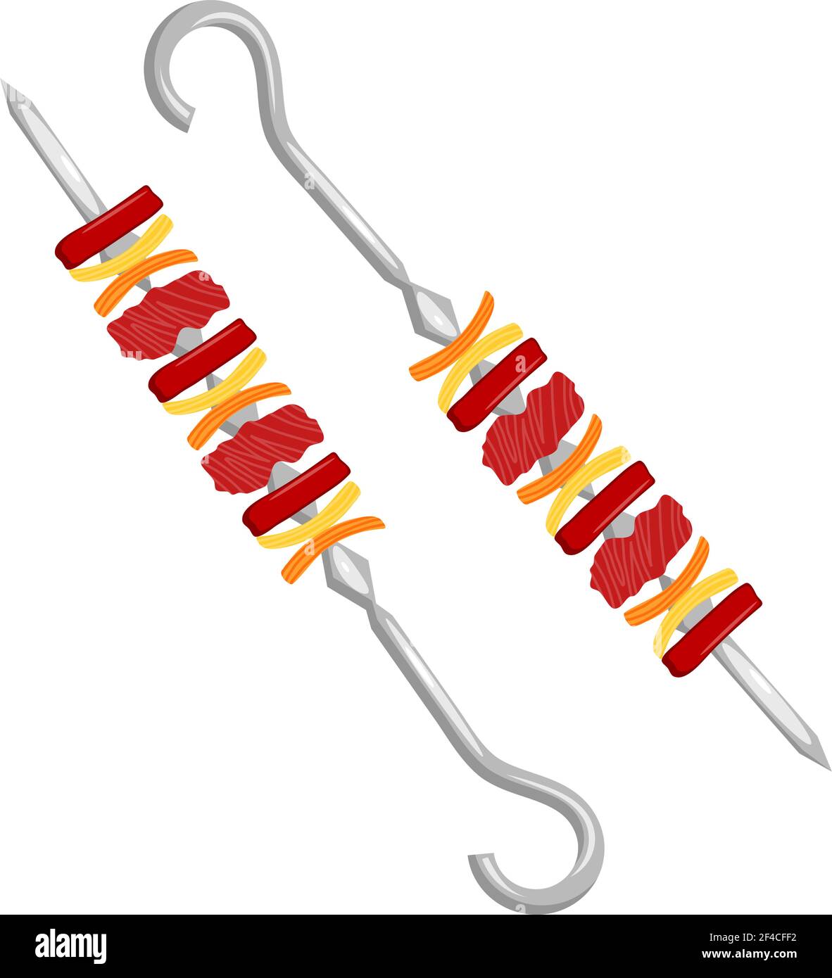 Vektor-Illustration von Kebab auf Metall-Spieße. Kebab mit Fleisch und Gemüse. Cartoon-Stil Kebab auf weißem Hintergrund. Fleischgerichte. Traditionelles Fleischgericht auf Feuer Stock Vektor