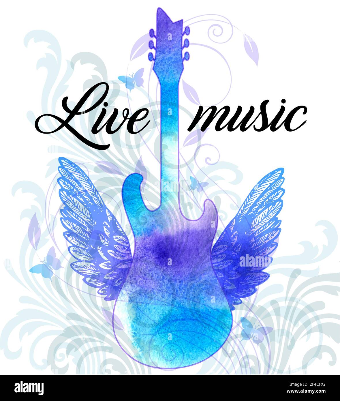 Vintage Vektor Rock Musik Poster mit blauen Aquarell Gitarre, Flügel und floralen Ornament. Live-Musik-Schriftzug... Rockmusik-Poster mit blauer Aquarell-Gitarre Stock Vektor