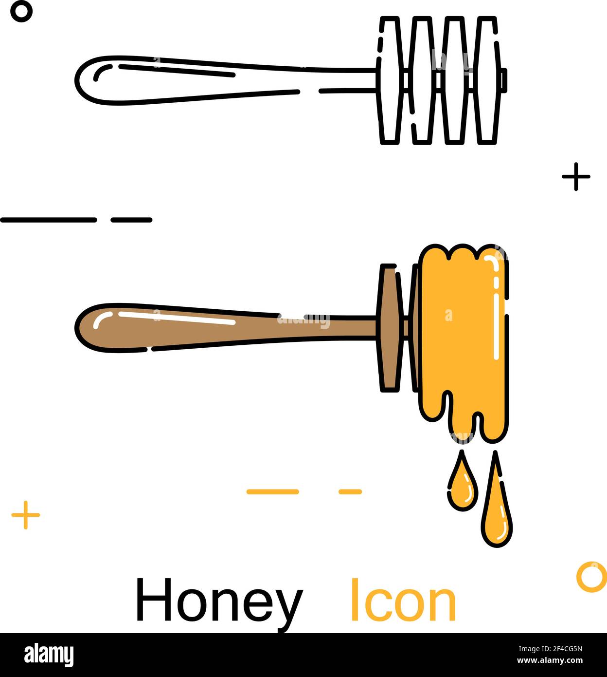 Holzlöffel und Tropfen Honig in einem linearen Stil. Zeilensymbol. Isoliert auf weißem Hintergrund. Vektorgrafik. Stock Vektor