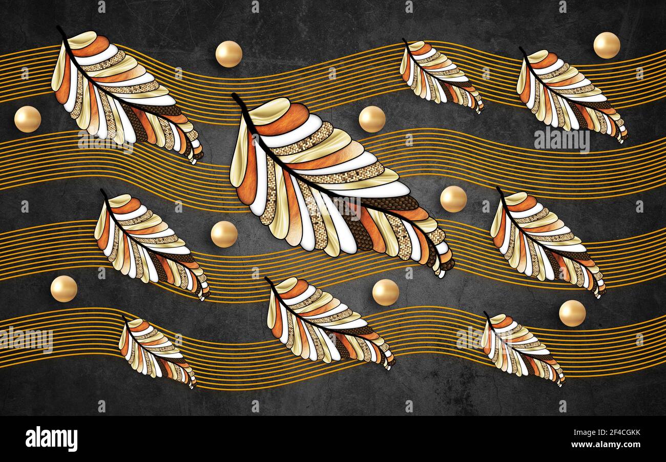 3D Wandtapete . Illustration von Blume, Weaving Linien Hintergrund Texturen für Wand . Illustration Baum Blätter mit goldenen Perlen Gegenstände in dunklem Abst Stockfoto