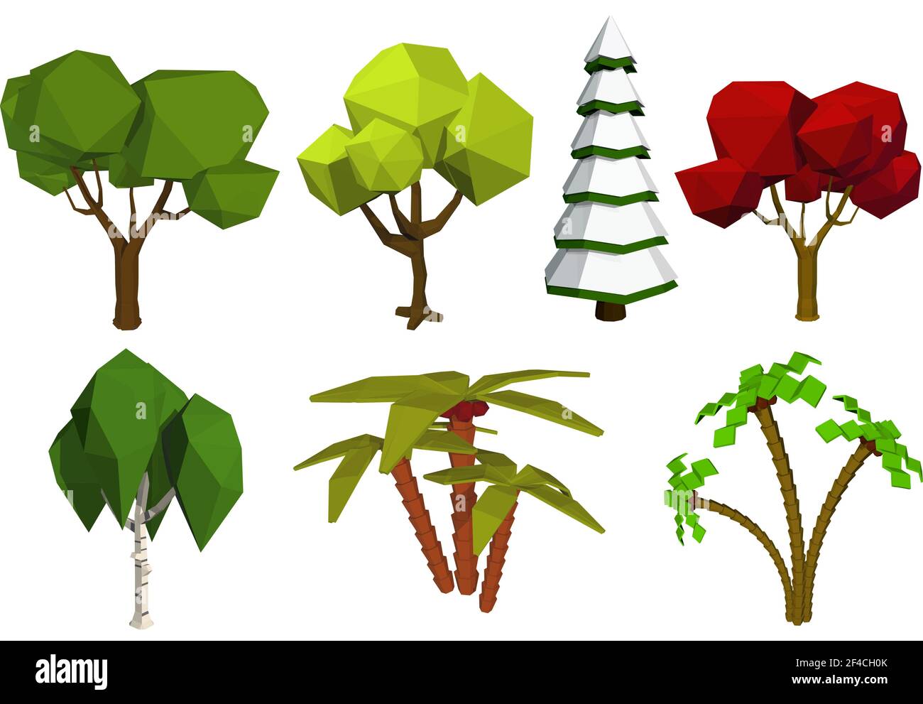 Niedrige Polybäume. Vektor-Set von Bäumen im Stil von niedrigen poli. Birke, Fichte, Eiche, Palme. Vektorgrafik für Aktien Stock Vektor