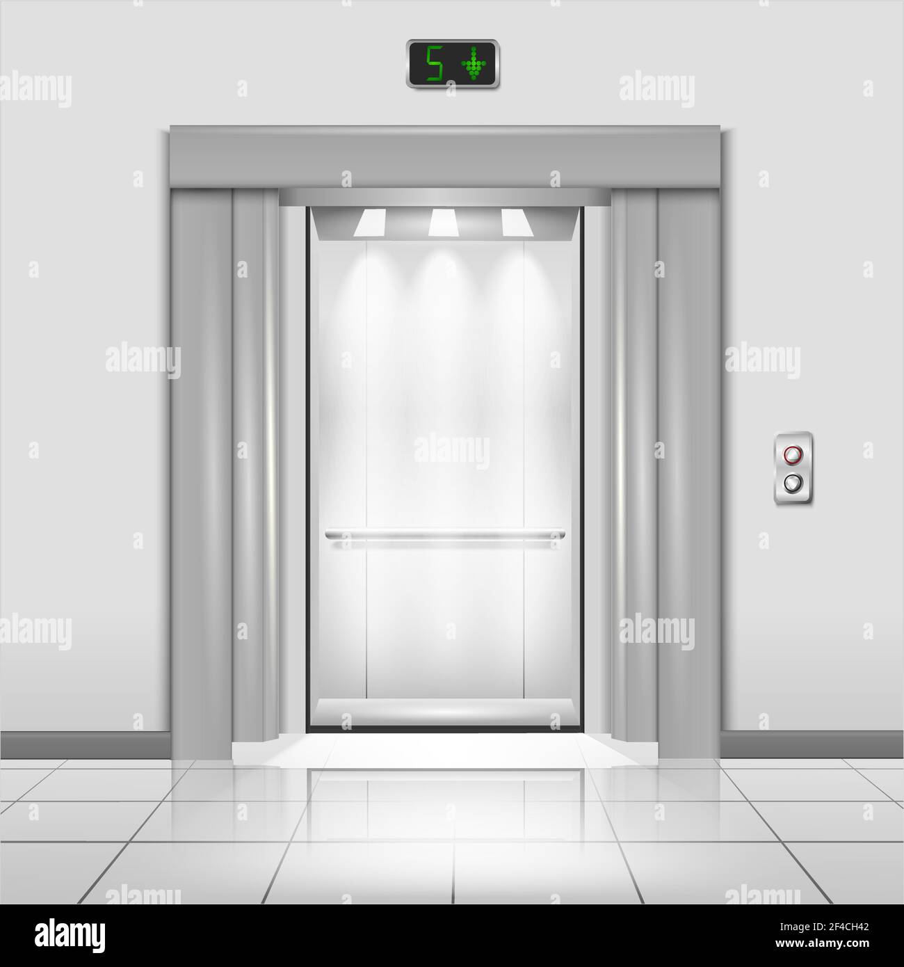 Geschlossene Chrom-Metall-Bürogebäude Aufzug Türen mit Strahlen Licht in der Kabine realistische Vektordarstellung Stock Vektor