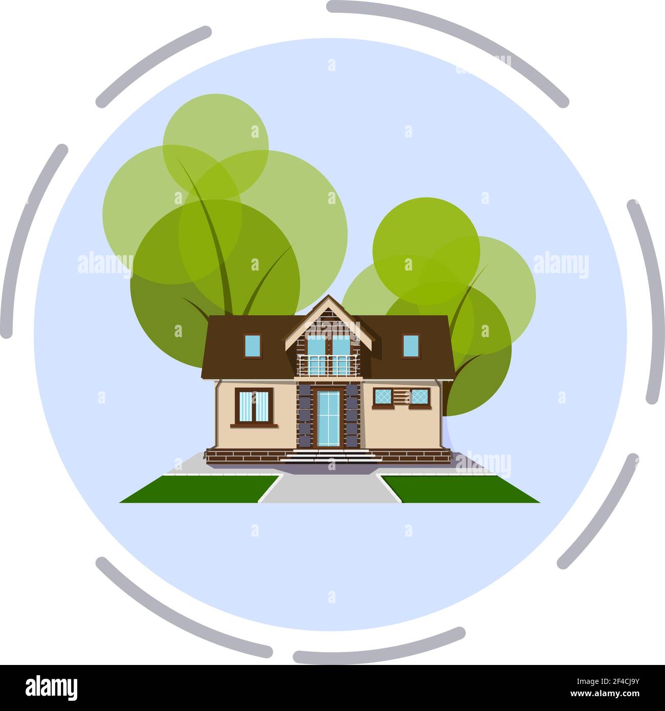 Vektor-Illustration eines kleinen gemütlichen Hauses mit einem Baum auf weißem Hintergrund. Website Für Designelement-Eigenschaft Stock Vektor