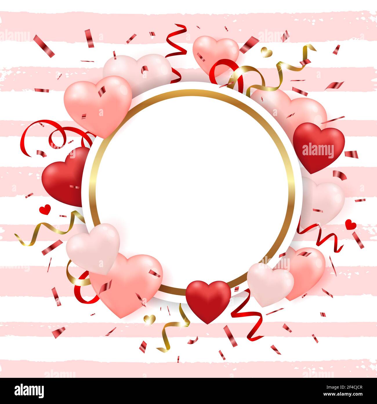 Dekorative festliche gestreifte Hintergrund für Valentine & rsquo;s Tag mit roten Herzen Ballons und Konfetti. Vektorgrafik. Stock Vektor