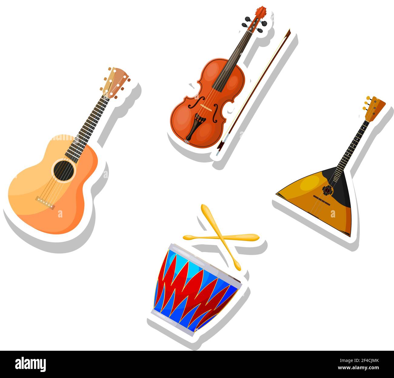 Satz von Farbvektor Cartoon Musikinstrumente auf einem weißen Hintergrund. Aufkleber Musikinstrumente Gitarre, Violine, Trommel, Balalaika. Vektorgrafik für Aktien Stock Vektor