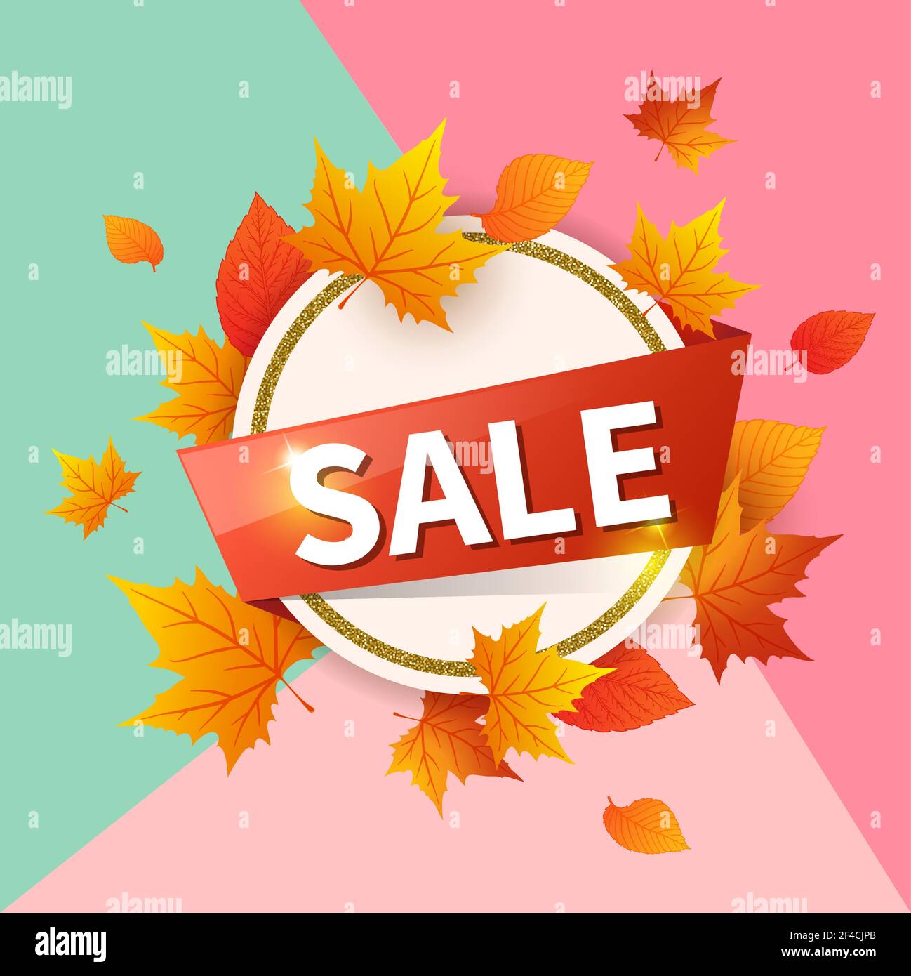 Abstraktes rundes Banner für saisonalen Herbst Verkauf. Herbst Vektor Hintergrund mit orange fallenden Ahornblätter. Stock Vektor