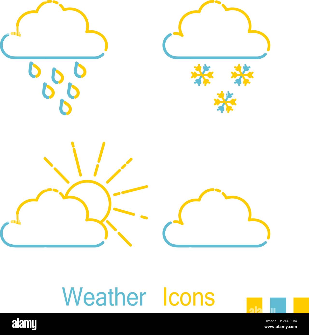Farbliche meteorologische Ikonen mit Sonne, Regen und Schnee im linearen Stil. Zeilensymbol. Isoliert auf weißem Hintergrund. Vektorgrafik. Stock Vektor