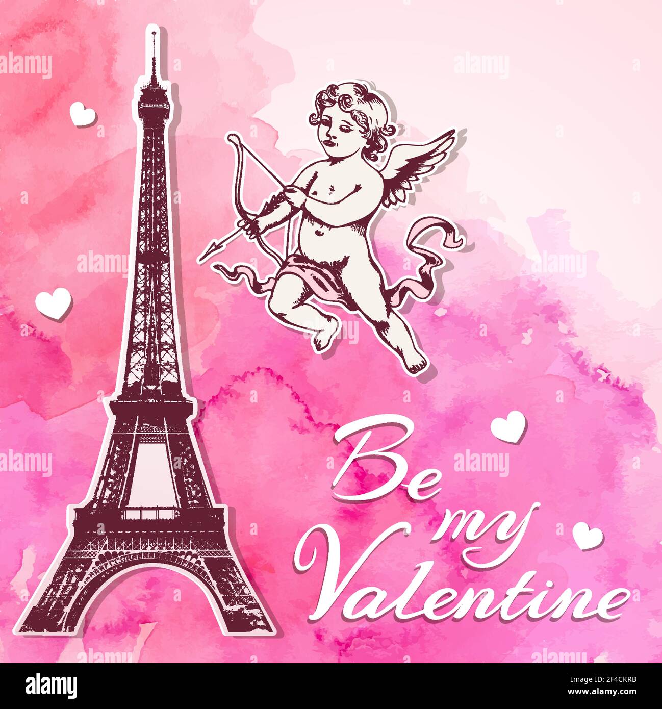 Rosa Aquarell vintage Valentine Hintergrund mit papercut Eiffelturm und Amor. Hand Vector Illustration gezeichnet. Stock Vektor