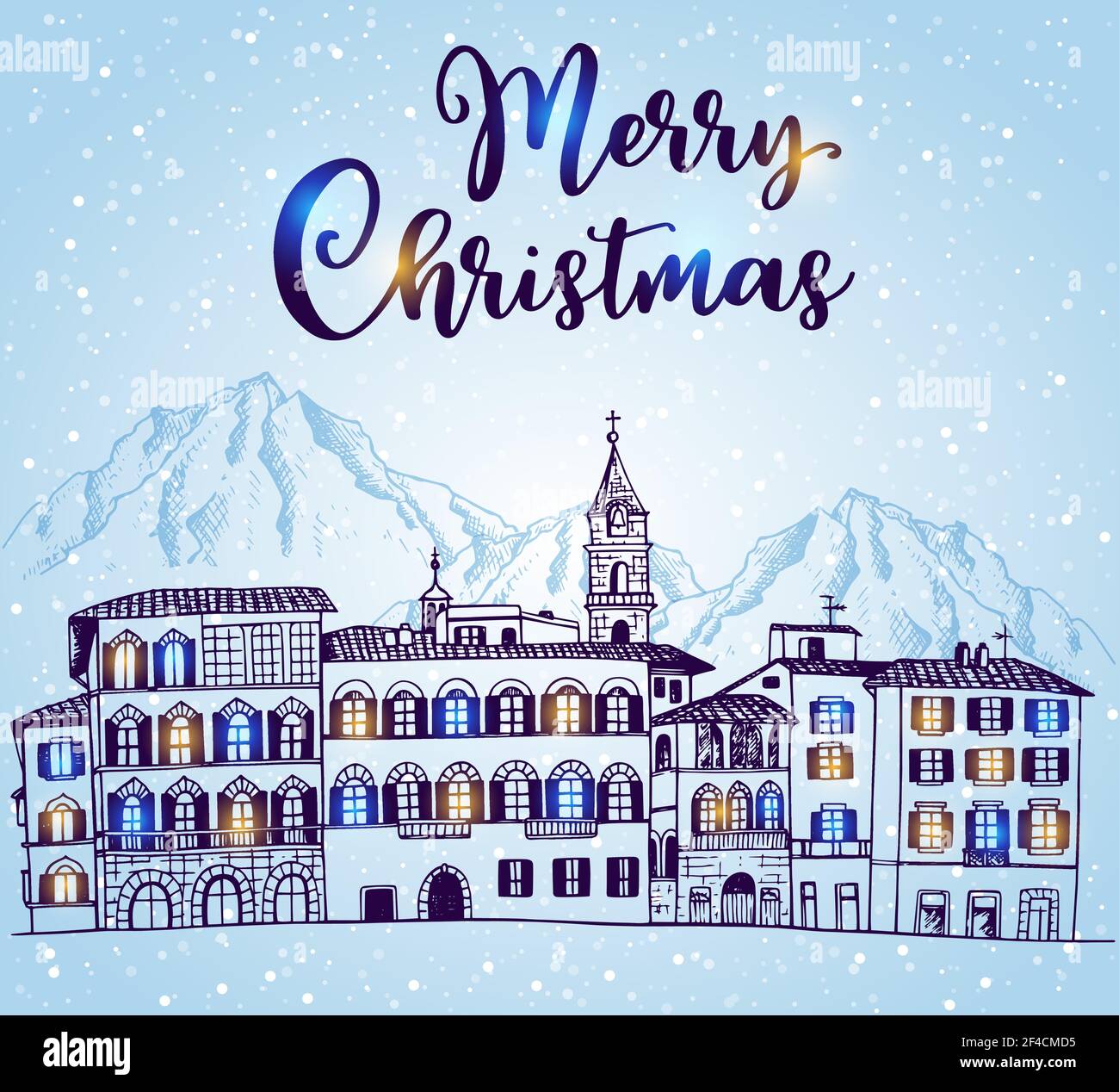 Winter Stadtbild mit Häusern und Bergen im Schnee auf einem blauen Hintergrund. Hand Weihnachten gezeichnet Grußkarte. Stock Vektor